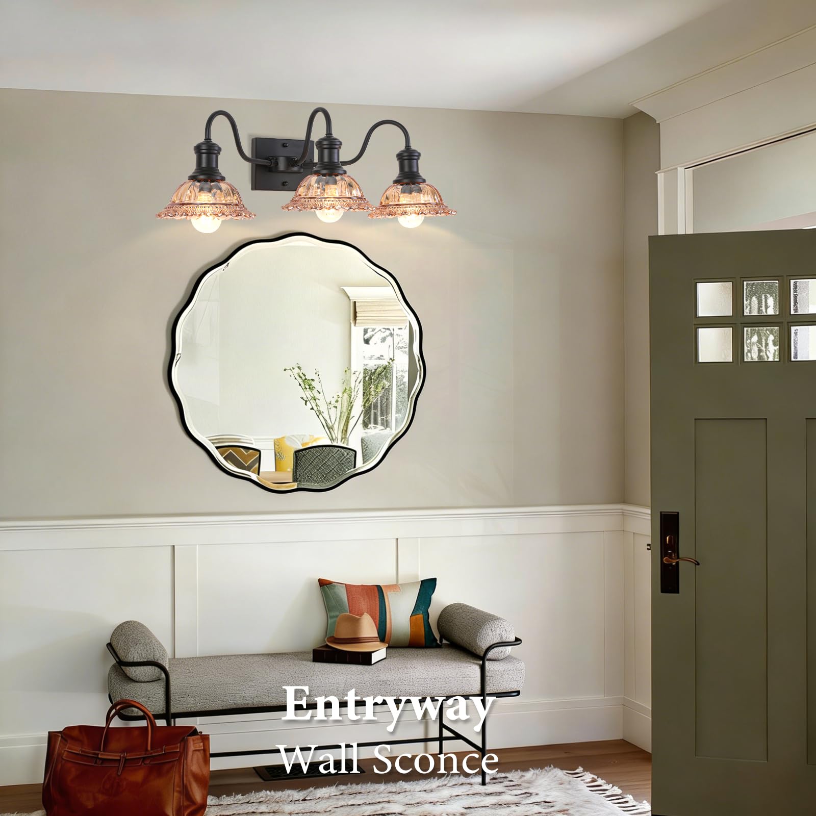 Farmhouse 3-Light Black Bathroom Light with Amber Glass Shade - Image 5